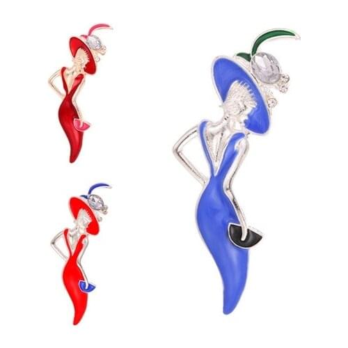 Wine Red Color Sexy Lady Brooch Enamel Pins Wear Big Hat Party Girl Fashion Jewelry Cute Brooches For Women