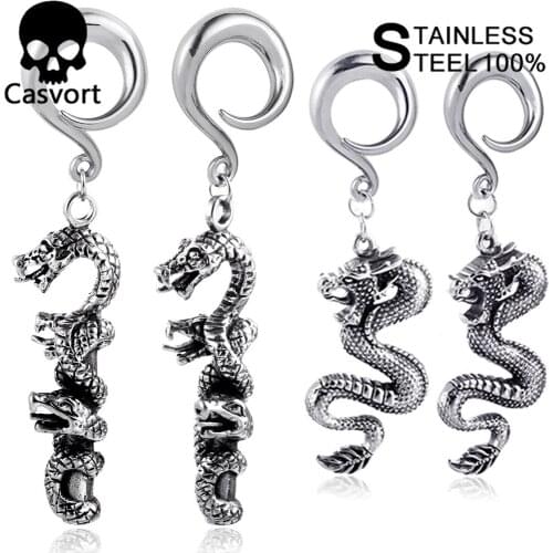 Casvort 2 PCS Dangle Plugs Dragon Ear Weights for Ears Weight Hook Stainless Steel Silver Gauge Women Piercing Expander