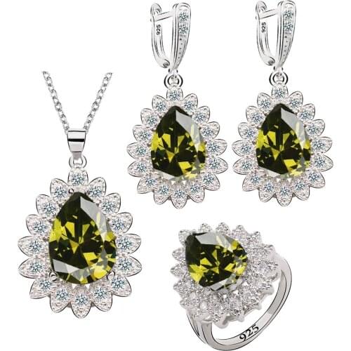 Water Drop Green Peridot 925 Silver Jewelry Set for Women Wedding Earrings Necklace pendant Ring 4 Colors Available