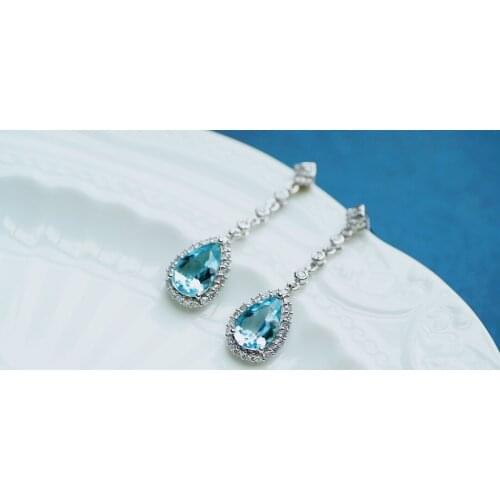 Solid 18k Gold Nature Blue Aquamarine Gemstones 9.1mm Drop Dangle Earrings for Women Fine Jewelry Birthday Presents