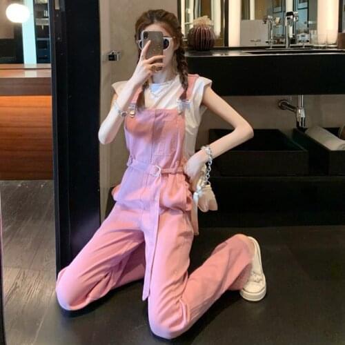 Two-piece 2021 New Style Foreign Pink Denim Overalls Female Summer Two-piece Womens Library Suit