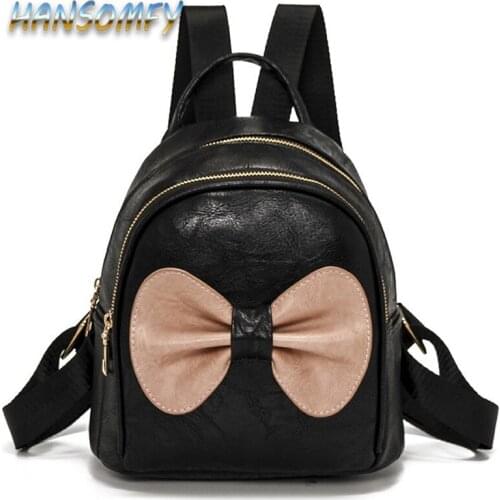 Women Cute Bow Backpack School Bags PU Leather Bag Female Small Backpacks Teenage Girls Mini Brown Black Rucksack Mochila CC-74