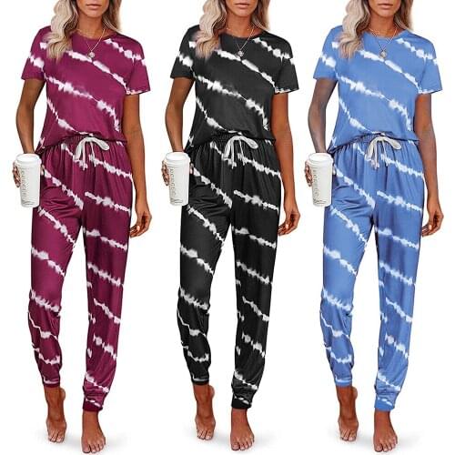 Womens Casual Pants Suit Fashion Stripe Short Sleeve And Pants Home Two Piece Set Women 2 Pcs Tracksuit Sets