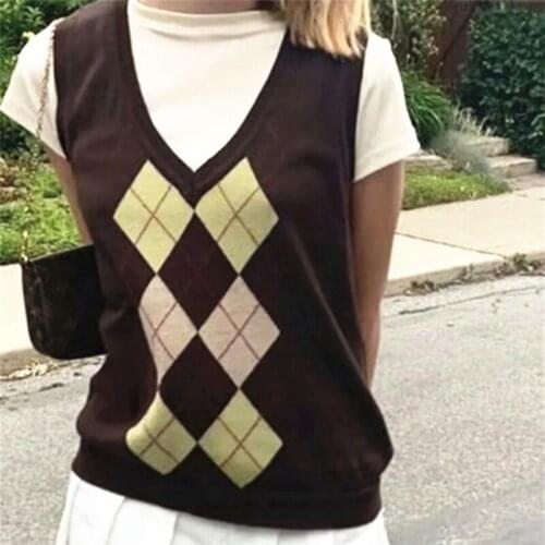 Women Y2K Argyle Knitted Sweaters Vest Sleeveless Preppy Style Block Pullover Autumn Winter E-girl Oversized Vintage Clothes