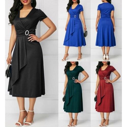 Summer Spring Fashion Womens V-neck Short Sleeve A-line Dress Sexy Asymmetric Hem Evening Formal Party Midi-Calf Dress Sundress