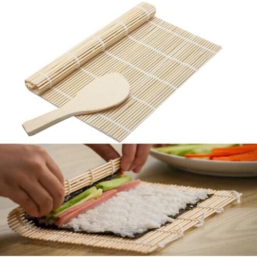 1Pcs Sushi Curtain Rolling Maker Non-stick Bamboo Material Roller DIY Mat and A Rice Paddle Home Sushi Onigiri Rice Roller Tools