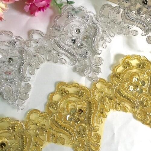 2 yards/lot Delicacy Beading Embroidery Applique Lace Selvage Trim Gold And Silver Flower Beading Lace Fabric Accessories