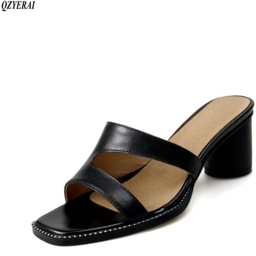 2020 European designer leather womens slippers 7cm cylinder heels sandals sexy cowhide womens shoes sizes 34-39