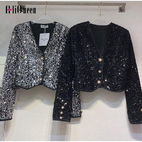 2020 Autumn Women Streetwear V Neck Sequins Short Coat Crop Top Black Jacket Outwear Female Silver Single Breasted Beading Coats