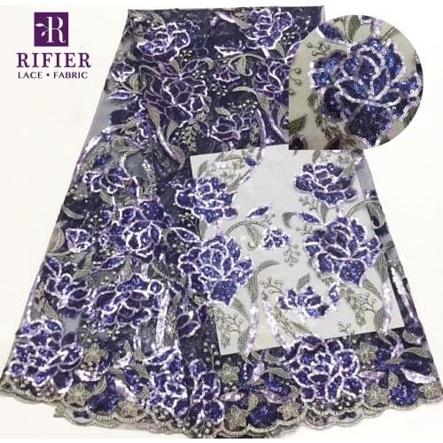 Purple Flower Sequins French Lace Fabrics Dazzling Design 2019 Sequined Guipure Guinea Evening Dresses Mesh Tulle Net Material