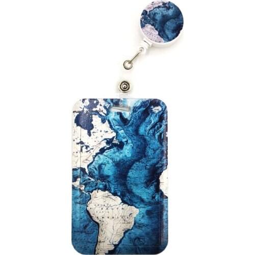 Blue World Map Cartoon Retractable Badge Reel Lanyard Nurse ID Business Credit Card Work Card Badge Holder Office Card Cover