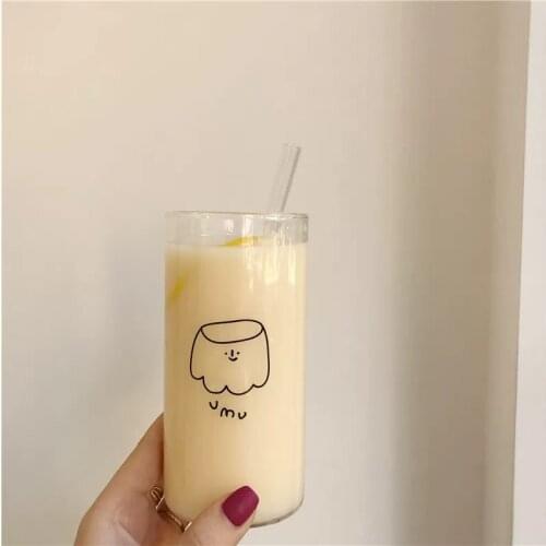 Korean niche simple cute cartoon pudding pattern creative glass water cup milk cup coffee cup breakfast cup