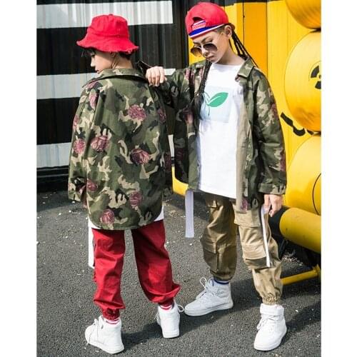Street dance suit camouflage loose jacket less children jazz dance costumes hip hop handsome airworking trousers