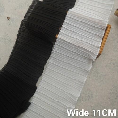 11CM Wide White Black Pleated Chiffon Fabric Lace Elastic Ruffle Trim Embroidered Fringe Ribbon Dress Scarf DIY Sewing Supplies