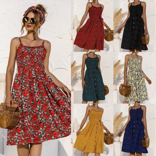 Sweet A-Line Floral Dress New Spring Polka Dot Womens Summer Dress Camisole Collar Vestidos Mujer Casual Knee-Length Midi Robe