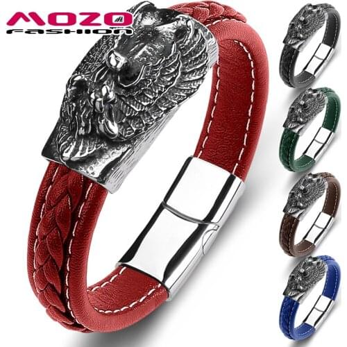 MOZO FASHION Men 2021 NEW Dragon Wing Bracelets Genuine Leather Stainless Steel Simple Collocation Punk Wholesale Jewelry 149