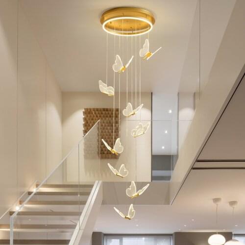 New Modern Stair Chandelier Acrylic Butterfly Shape Duplex Living Room Dining Room Art LED Stair Chandelier Crystal Chandelier
