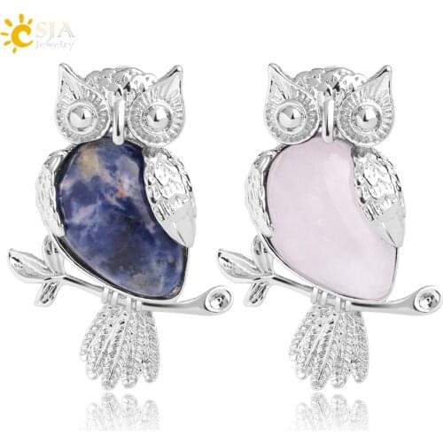 CSJA Animal Owl Pendants Water Drop Shaped Natural Stone Quartz Crystal Silver Color Pendant for Necklace Women Men Jewelry G076