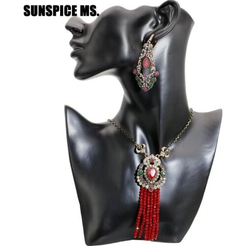 SUNSPICE MS Vintage Turkish Red Natural Stone Love Jewelry Sets Long Dangle Hook Earrings Crystal Charm Necklace Bead Tassels