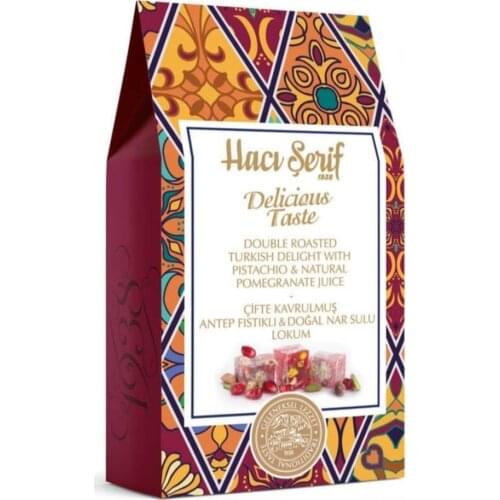 Traditional turkish delight. Sweet delights packed in 125 gr. Quality product with pistachio and pomegranate juice flavor