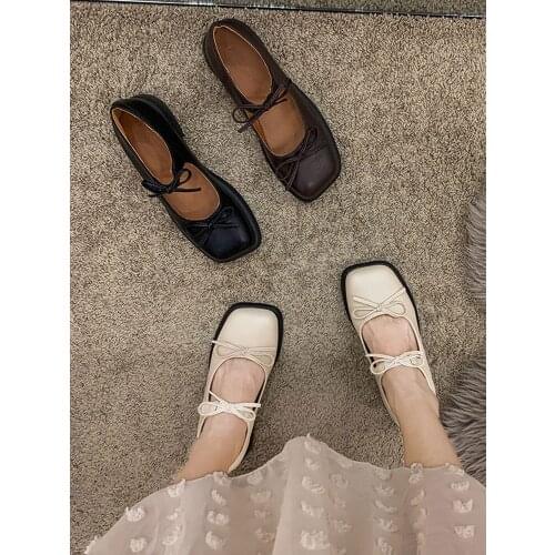 Mary Jane Shoes Womens Shoes Autumn 2021 New Bow Square Head Shallow Mouth Thick Heel Non-slip Fashion Retro Leather Shoes