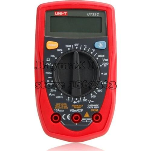 UNI-T UT33C LCD Digital Multimeter Handheld AC DC ohm volt meter Temp Tester with Warranty Card/Probe/Temperature Probe/ Manual