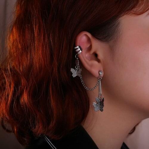 Explosion Style Butterfly Net Red Tassel Zircon Earring Chain Double Earring Ear Clip Punk Fashion New Earring Gas