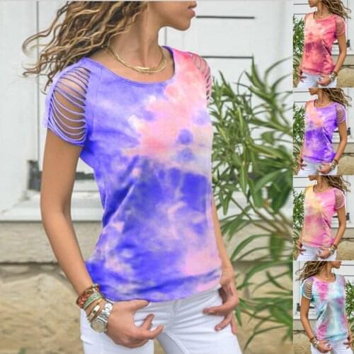 T Shirt Women 2021 New Arrival Summer Style Ladies tie-dye Hole Burning Flower Dew Shoulder Short Sleeve Tshirt LDMSY200418