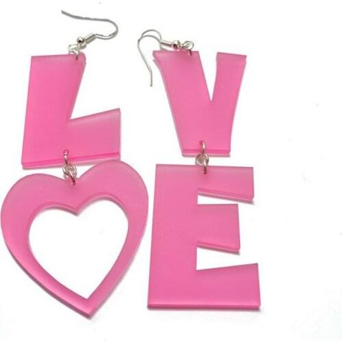 2021 New Fashion Hot Pink Long Love Heart Letter Earrings for Women Punk Acrylic Hanging Dangle Earring Pendientes Mujer Moda