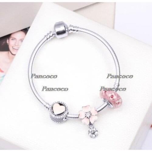925 Sterling Silver Pink Enamel Cherry Blossom Pendant Beaded Bracelet For Women Wedding Gift Pandora Jewelry