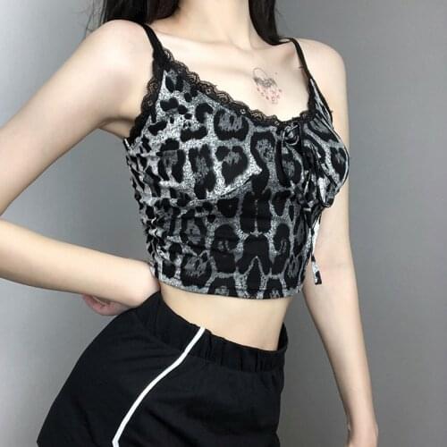 Lace Leoprd Print Cami Sexy Bodycon Fashion Sleeveless Lace Up Camis Summer Backless Spaghetti Strap 2021 Party Women Crop Cami