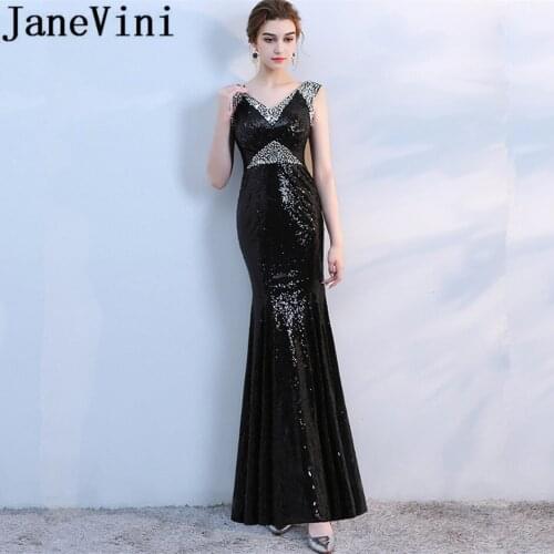 JaneVini Bling Crystal Sequins Bridesmaid Dresses Long Black Mermaid V-Neck Women Wedding Party Gowns Floor Length Formal Dress