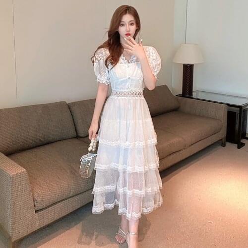 New 2021 Summer Fashion Runway Elegant Party Dress Women Lace Spliced Mesh Cake Dresses
