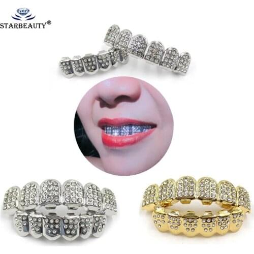 1Set 2 Color Full Zircon Hip Hop Gold Silver Plated Luxury Rhinestone Vampire Grillz Set with Extra Silicone Bars Included