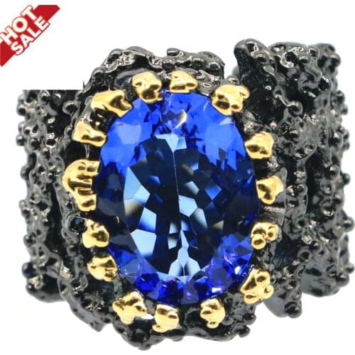 22x17mm Unique Big Heavy 18.5g Rings For Man Handmade Created Blue Violet Tanzanite Cool Black Color Metal Gothic Street Jewelry