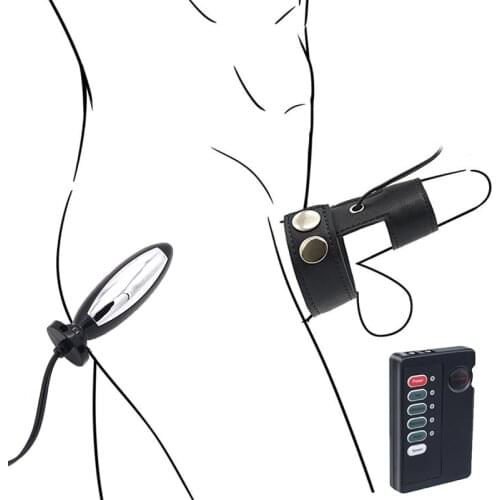 Electric Shock Male Scrotum Stimulator Leather Penis Sleeve Cock Ring Bi-Polar Anal Plug Bondage Therepy Massage Sex Toy for Men