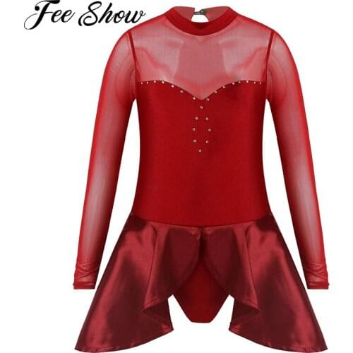 Kids Girls Leotard Dance Dress Round Neck Long Sleeve See Through Mesh Patchwork Ruffle Jumpsuit Lyrical Dance Costume Dancewear