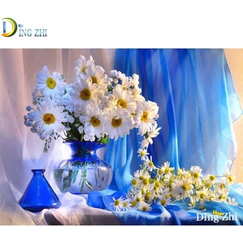 Ding Zhi 5D Diamond Painting White Daisy And Blue Curtains Square Round Embroidery Flower Small Fresh Rhinestones Mosaic Decor