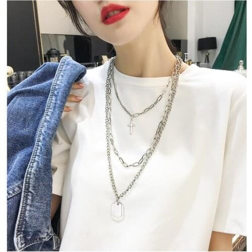 New Personality Cross Square Metal Multilayer Hip hop Long Chain Cool Simple Charm Necklace For Women Men Jewelry Gifts