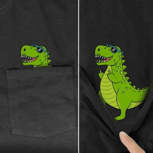 Cotton T-Shirt Fashion Summer Pocket Tyrannosaurus middle finger Printed T-shirt Men for Women Tops Funny Cotton Black Tees