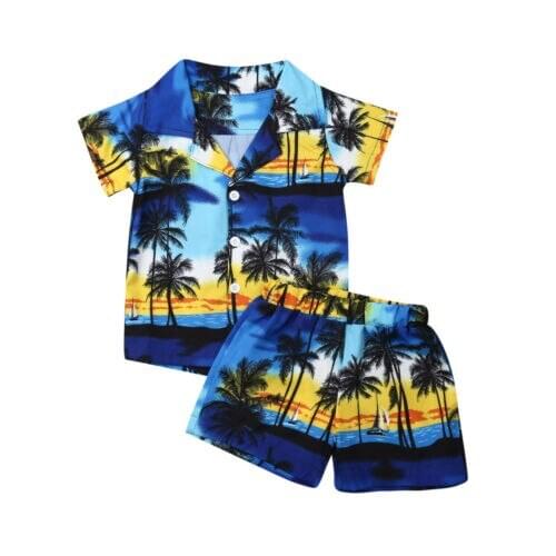 Hawaiian Style 2pcs Toddler Kids Boys Summer Outfits Holiday Shirt+Shorts Set