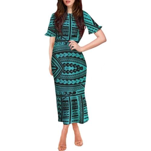 HYCOOL Hawaii Flower Polynesian O Neck Bodycon Dresses For Women Short Sleeve Clubwear Midnight Outfit Party Mini Dress Hot