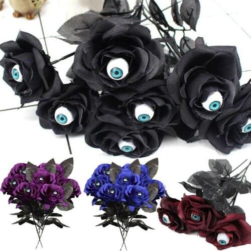 Artificial Rose Fake Flower Dark Red Single Branch Ghost Festival With Eyeball Decoration Artificial Artificial Rose