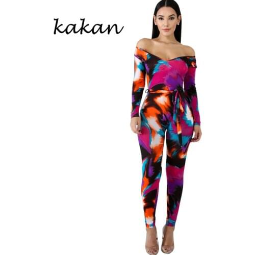 Kakan spring new womens print one-piece tights nightclub sexy tights jumpsuit nine pants color jumpsuit with belt