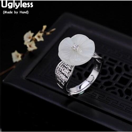 Uglyless 100% Real Solid 925 Sterling Silver Handmade Hollow Maze Rings for Women Nature Jade Plum Flower Open Ring Fine Jewelry