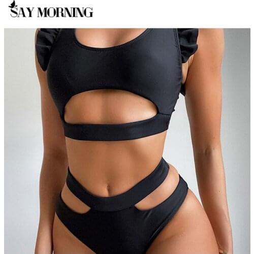 SAY MORNING 2021 Summer New Vest Sexy Ruffled Hollow Solid Color Suit Swimsuit Bikini Set Bathing Suits Womens Swimwear 2021