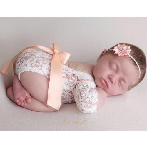 Cute Baby Lace Romper Headband Baby Outfit Props Infant Photo Props Embroidery Floral Vintage Newborn Photoshoot Props