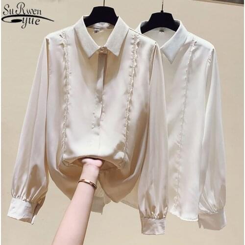 New Long Sleeve Chiffon Shirt Blouse Women Lapel Button Lace Solid Female Shirts Tops Plus Size Loose Casual Blouse Femme 13013