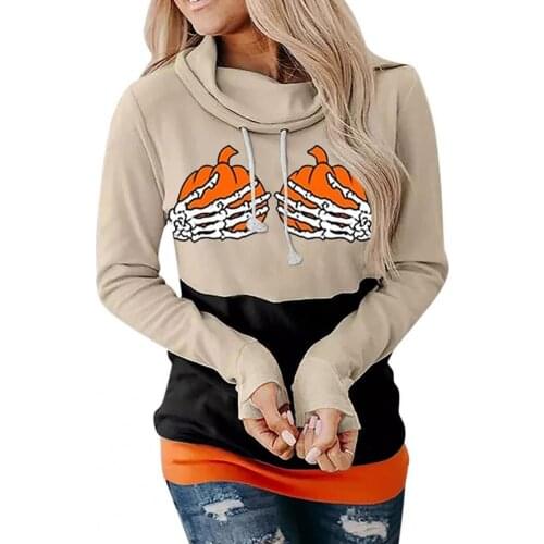 Autumn Hoodie Pumpkin Hands Claw Pattern Halloween Drawstring Hooded Lady Top for Halloween