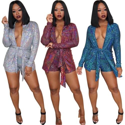 Sexy Deep V Magic Color Sequin Long Sleeve Plaid Tie Suit with Mini Shorts Temperament Fashion Celebrity Suit